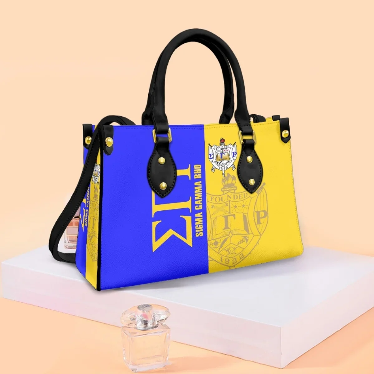 Customized Color Contrast Design Women Hand Bag Sigma Gamma Rho Print Top Handle PU Leather Crossbody Bag for Work Commuting