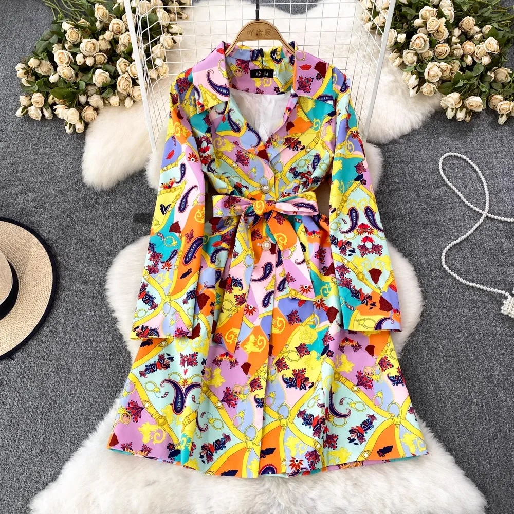 High Quality Fashion Print Spring Summer Women Notch Collar Single Breasted Lace Up Bow Temperament Casual Party Holiday Dresses