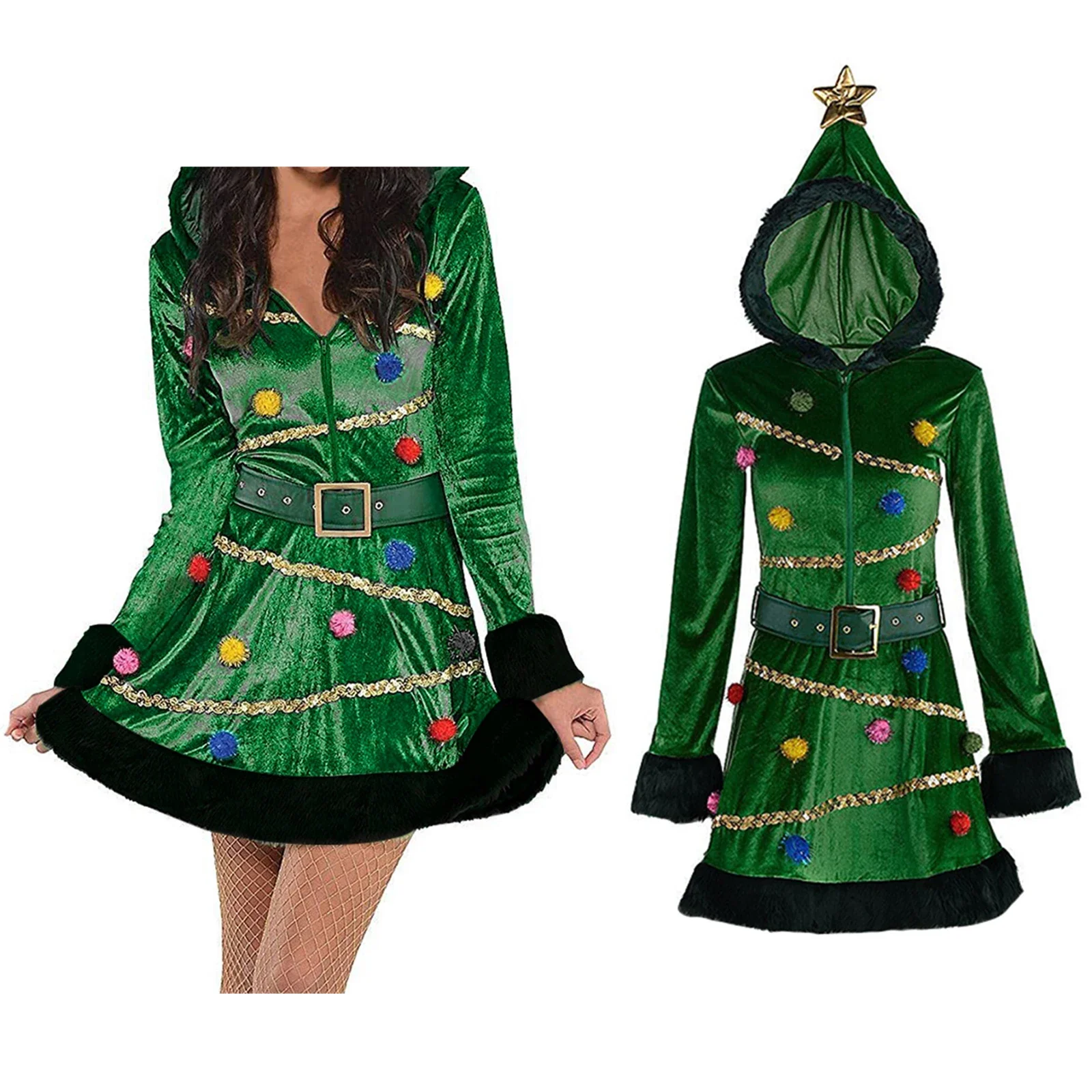 Vestido de árbol de Navidad Disfraz Navidad Mujer Mujer con capucha lentejuelas disfraz elegante con cinturón trajes de Navidad Santa Girl