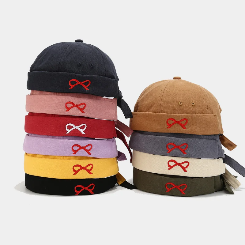 Japanese Cute Bow Embroidered Skull Cap Women Korean Street Retro Fashion Landlord Hat Brimless Docker Beanie