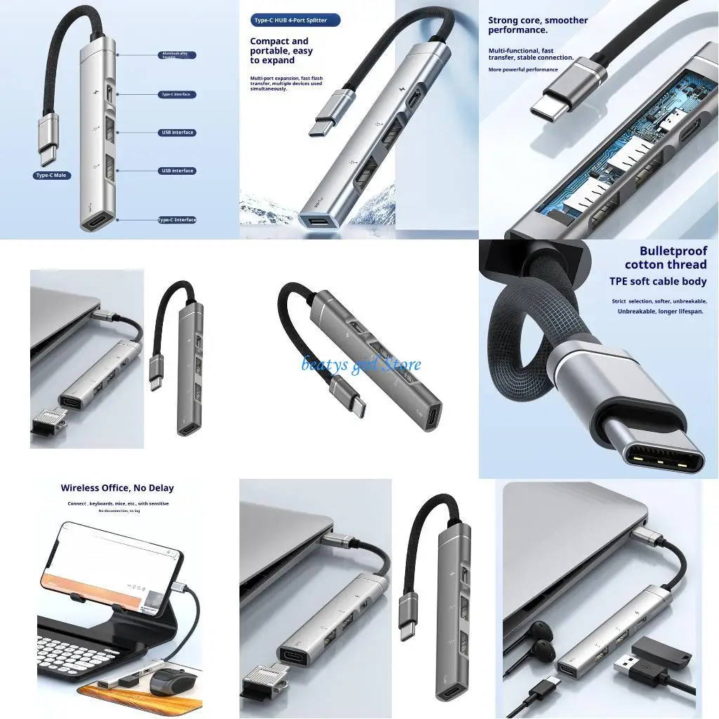

C7AB USB C Hubs 4 in 1 Multiports Adapters with PD Charging Fast Data Transfer Aluminum Body