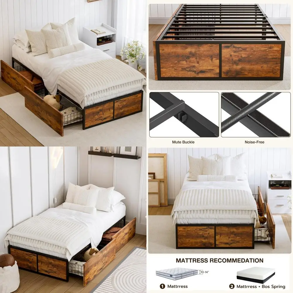 إطار سرير معدني مزدوج الحجم مع أدراج تخزين XL ولوح للقدمين، وسرير بمنصة دعم قوية