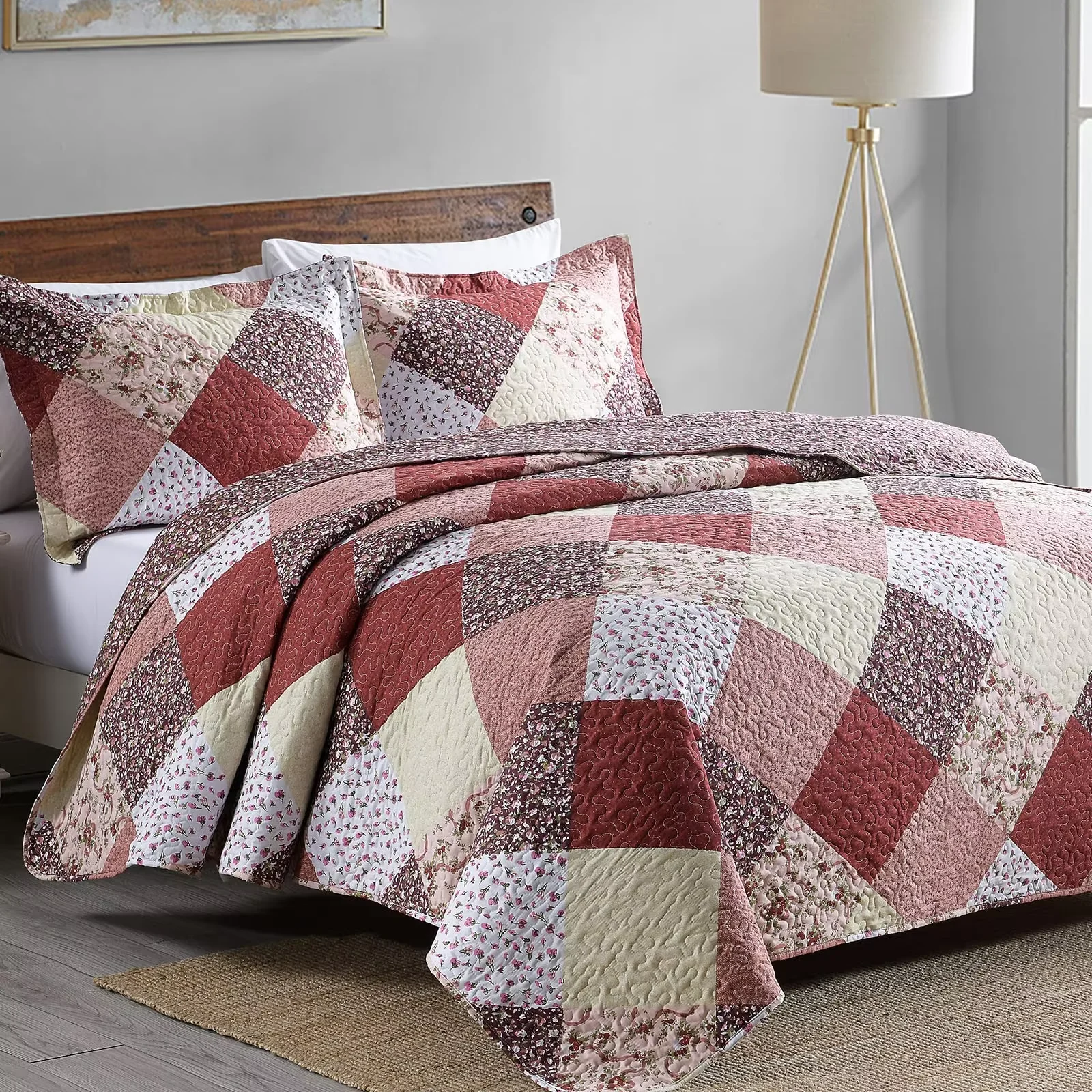 All Season Reversible 3-Piece Quilt Set, Country Color Block Lightweight Washable Bedspread Coverlet for Home Bedroom Decor