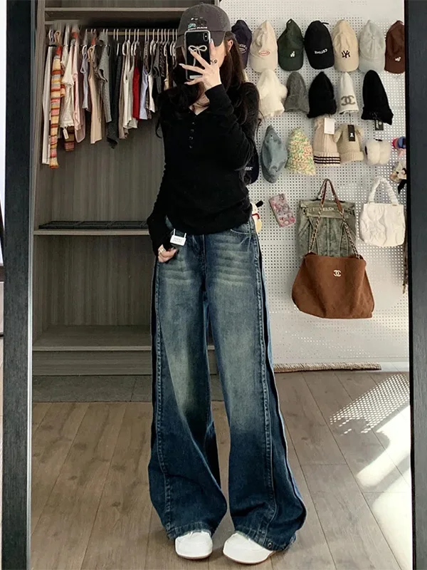 

Женские джинсы с высокой талией и широкими штанинами, синие, повседневные, свободного кроя, прямые, длинные брюки, осенне-зимние, новые, винтажные, с высокой талией