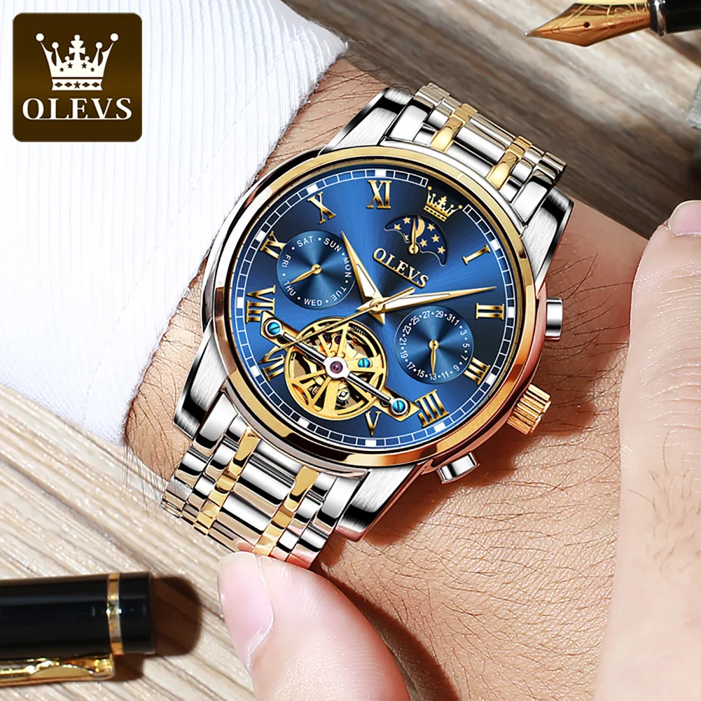 Reloj OLEVS para hombre, Reloj mecánico automático Stianless, marca superior, Reloj de pulsera de lujo con fase lunar y esqueleto, Reloj para hombres