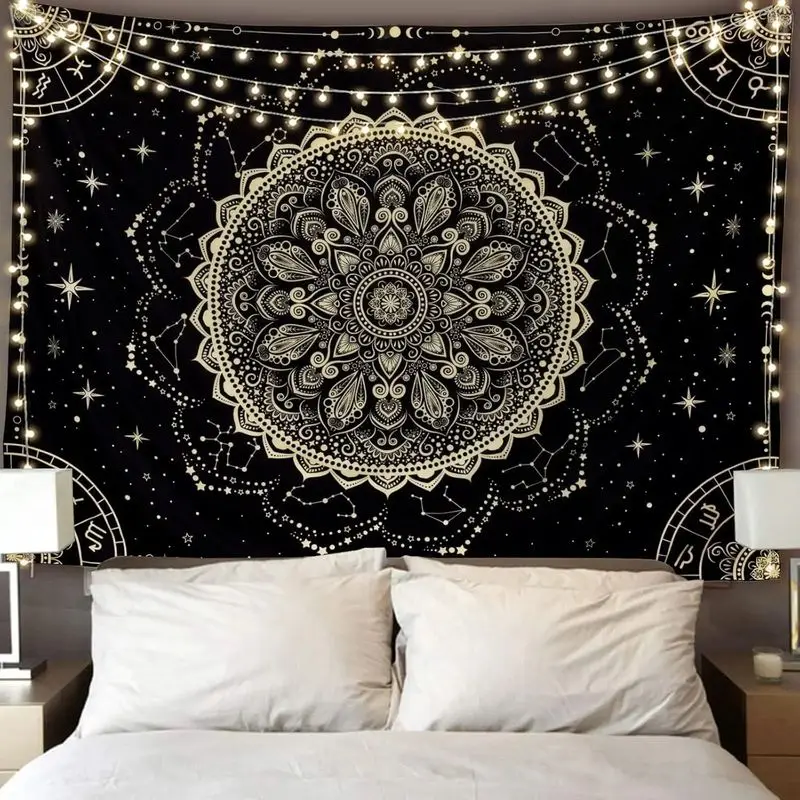 VIKAMA Black Gold Mandala Zodiac Constellation Wall Tapestry Celestial Star Circle Flower Bohemian Bedroom Living Room Dorm Soft
