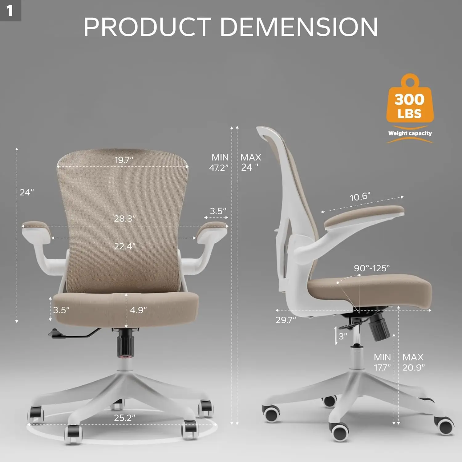 Ergonomic Desk Chair with Flip-Armrest & Cushion for Lumbar Support, Mid Back Computer Chair with Thickened Cushio