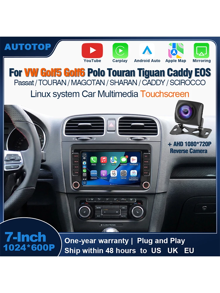 AUTOTOP 7" YouTube draadloze CarPlay Android auto multimediasysteem autoradio RDS voor VW Golf 5 6 Passat Polo Touran Tiguan Caddy EOS - afbeelding 2
