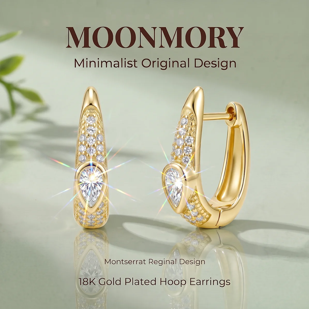Moonmory Original Design 5A Birnenförmige Zirkon-Huggie-Creolen für Damen, minimalistisch, umweltfreundlich, 18K vergoldet – Detail 2