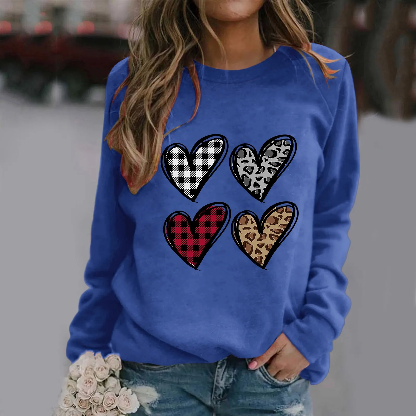 Felpa da donna vintage scozzese amore leopardo cuore stampa comoda O-Ne ort Sve casual streetwear estate 2025