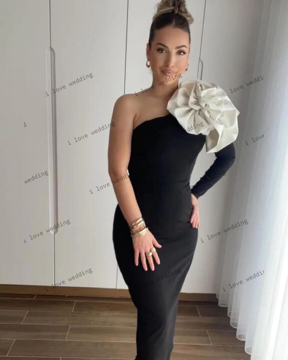 Sukienka na studniówkę 2025 Czarna formalna sukienka ślubna dla kobiety Gość Jedno ramię 3d Kwiat Syrenka Suknia wieczorowa Elegancka Dostosowana