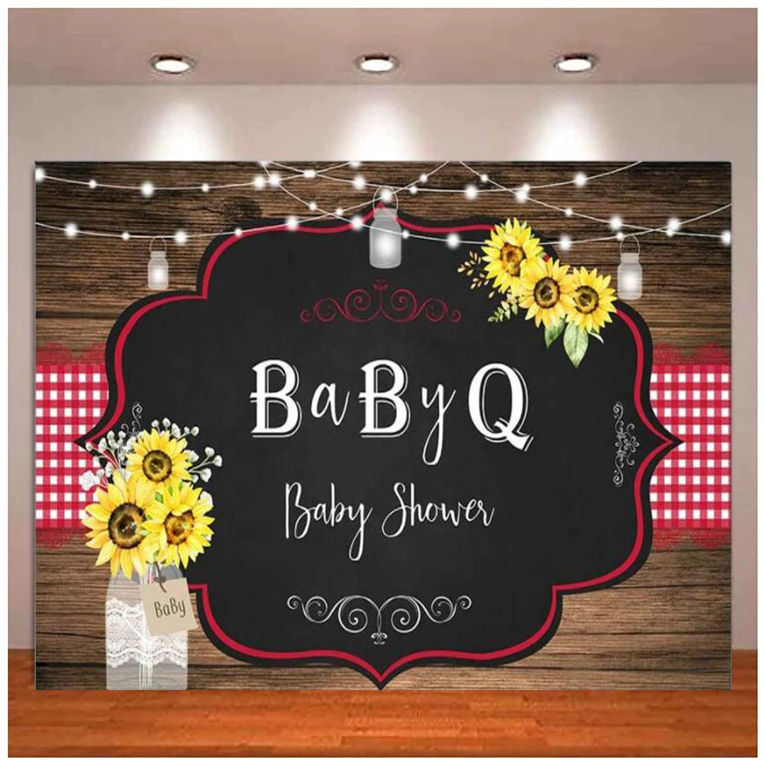 BBQ Party Photography Backdrop Country Rustic Sunflower String Lights Wood Background Baby Shower Decorations Banner Supplies