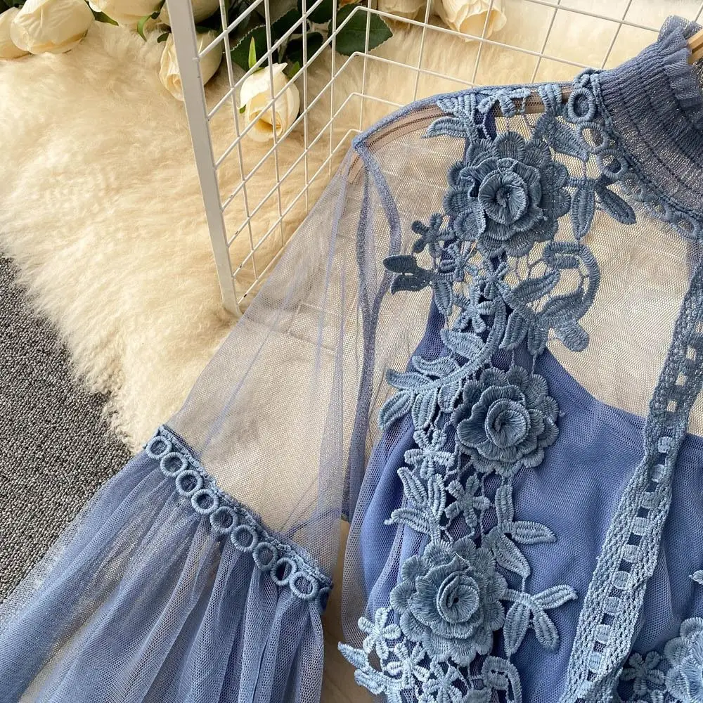

2Pcs/Set Fashion Summer Lace Flower Dress Vintage Elegant Lantern Sleeve Dress Slimming Lace Puff Long Dresses Women