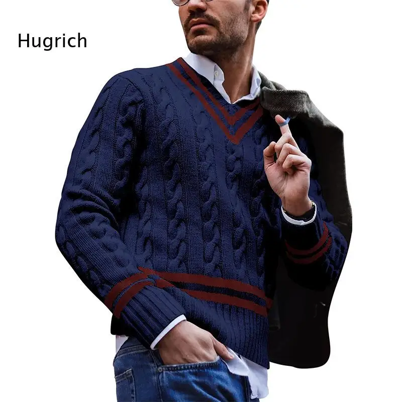 Fashion Men Color Block Striped Cable Knit Jumper V Neck Long Sleeve Casual Warm Pullover Sweater