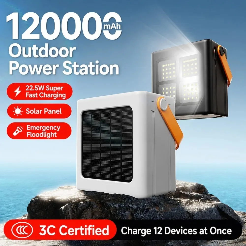 120000mAh Portable Power Station Solar Power Bank Built-in Cable LED Light External Battery for Outdoor Camping Travel Emergency view 3