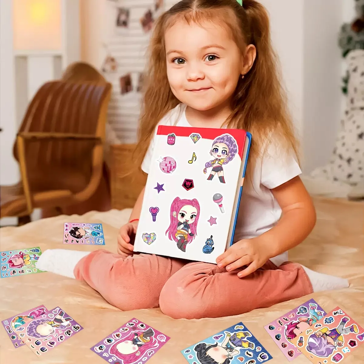 8/16/24 folhas engraçado kpop caçadores de demônios fazer um rosto quebra-cabeça adesivos diy dos desenhos animados montar decalques jogo festa crianças presente brinquedo