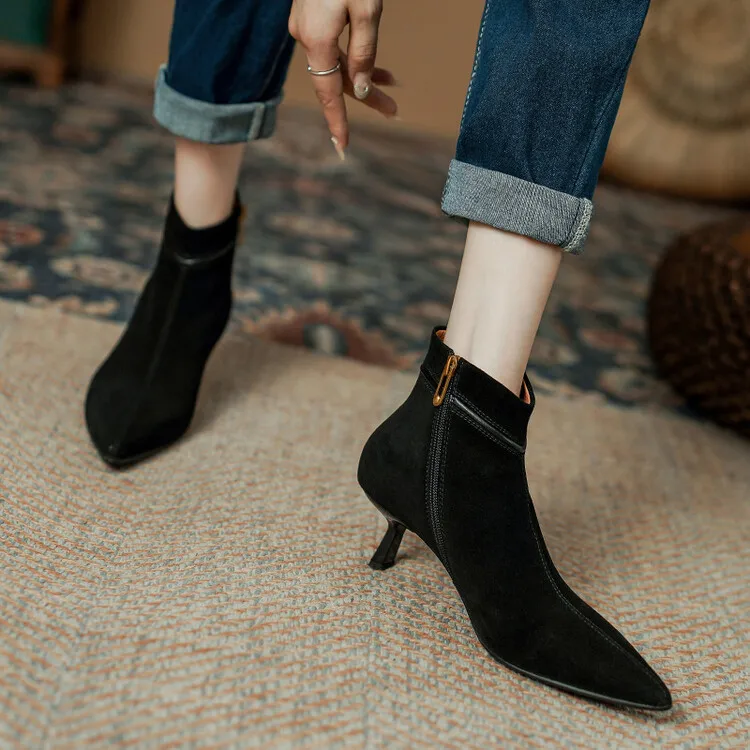 Elegant Vintage Red Suede Women Ankle Boots Pointed Toe Brown Short Autumn Botas Side Zipper Thin High Heels Party Pumps Zapatos