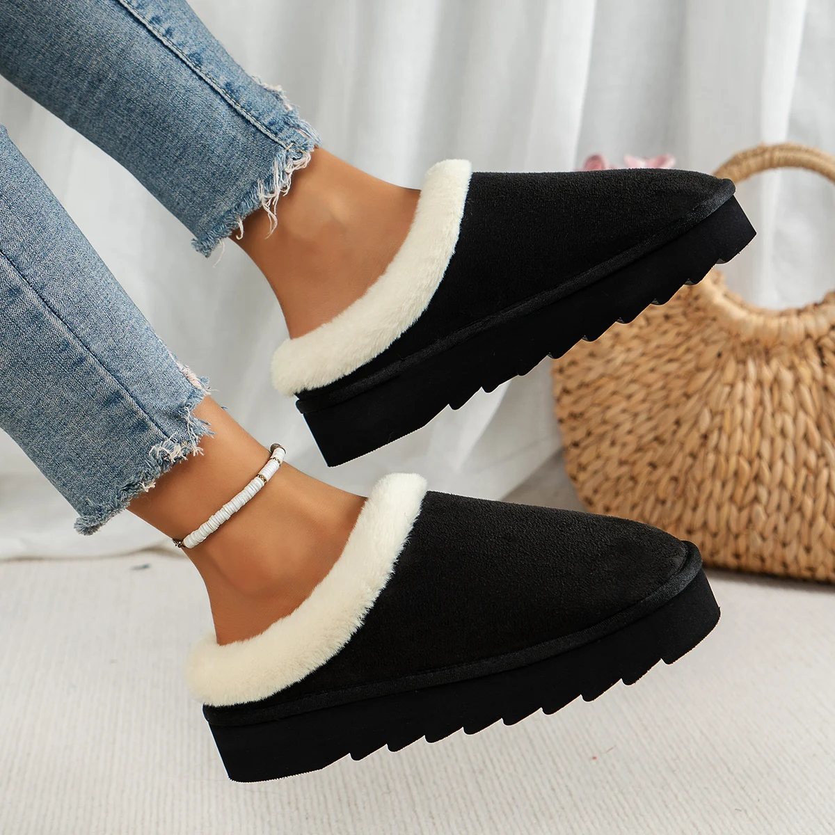 Wintermode Damen Flauschige Dicksohlige Freizeitschuhe, Dicksohlige Rutschfeste und Warme Hausschuhe mit Fellfutter – Detail 14