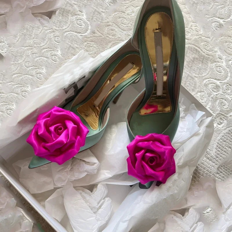

Flower Shallow Pumps Slip-on Woman Green Solid Casual Summer Spring 2025 Newest Novelty High Thin Heels Pumps Pointed Toe Shoes