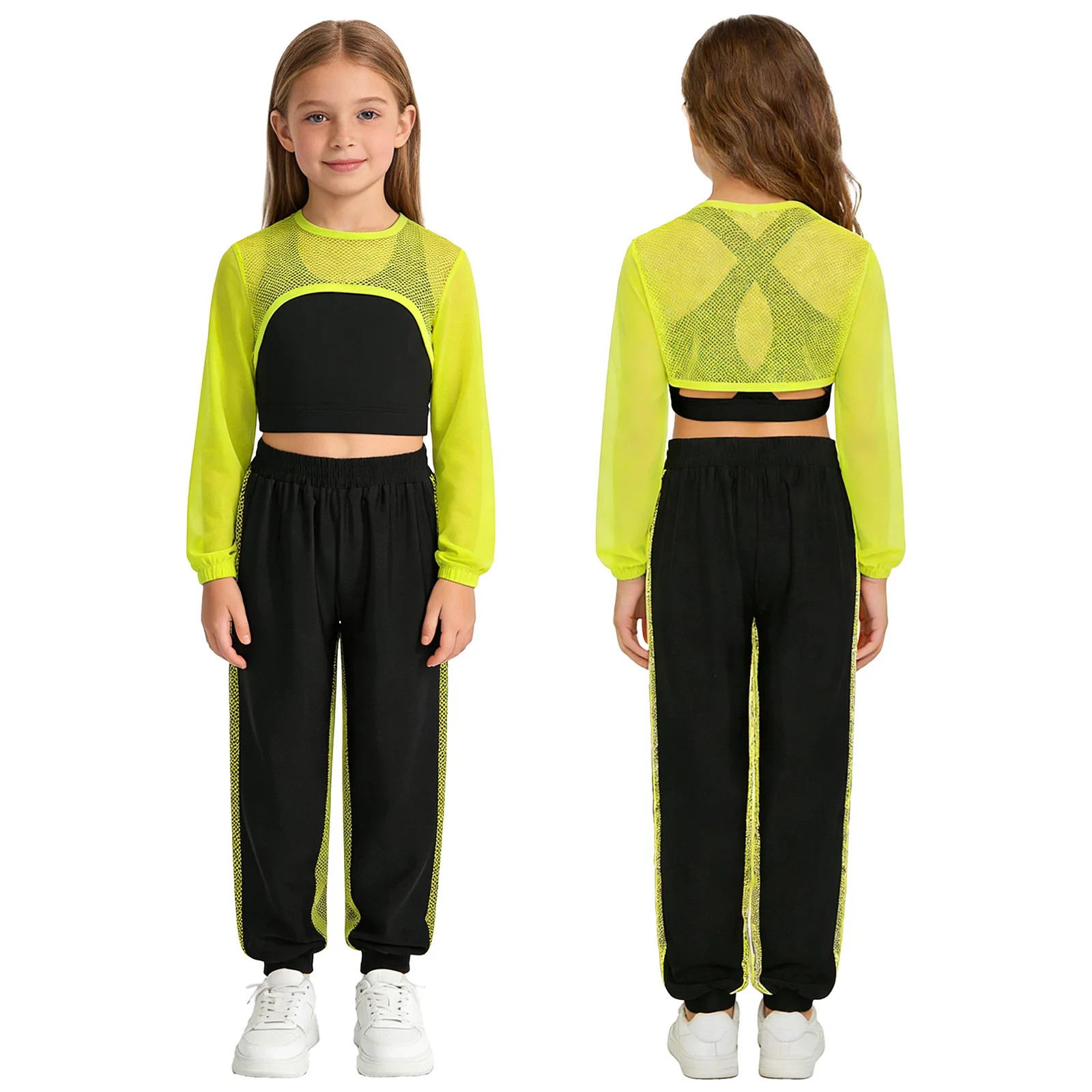 

Kids Girls Cheerleader Street Hip-Hop Modern Dance Outfit Stage Costume Set Long Sleeve Sheer Mesh Crop Top with Vest and Pants