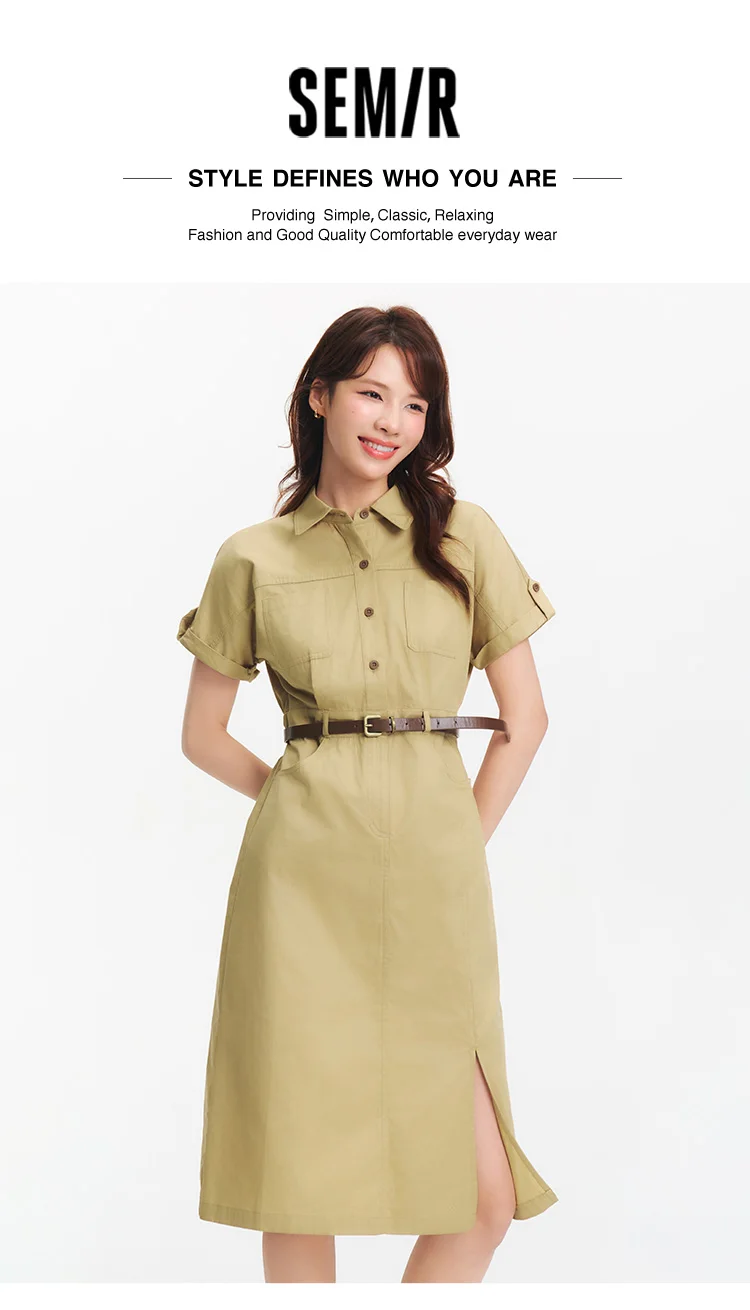 Semir Damen Hemdkleid mit Kragen aus Baumwolle, Schlitz, Midi-Länge, Gürtel, schmal geschnitten, Vintage Urban Workwear 2026 Sommer Mode Büro-Oberteil – Detail 1