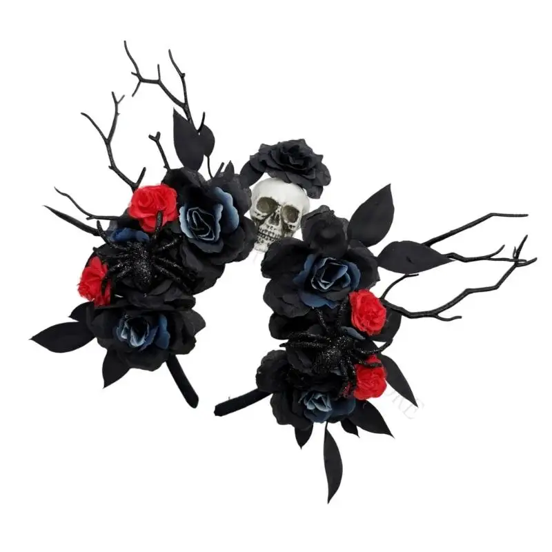 R7UF Gothic Black Branch Flower Headband For Halloween Themed Party Wear