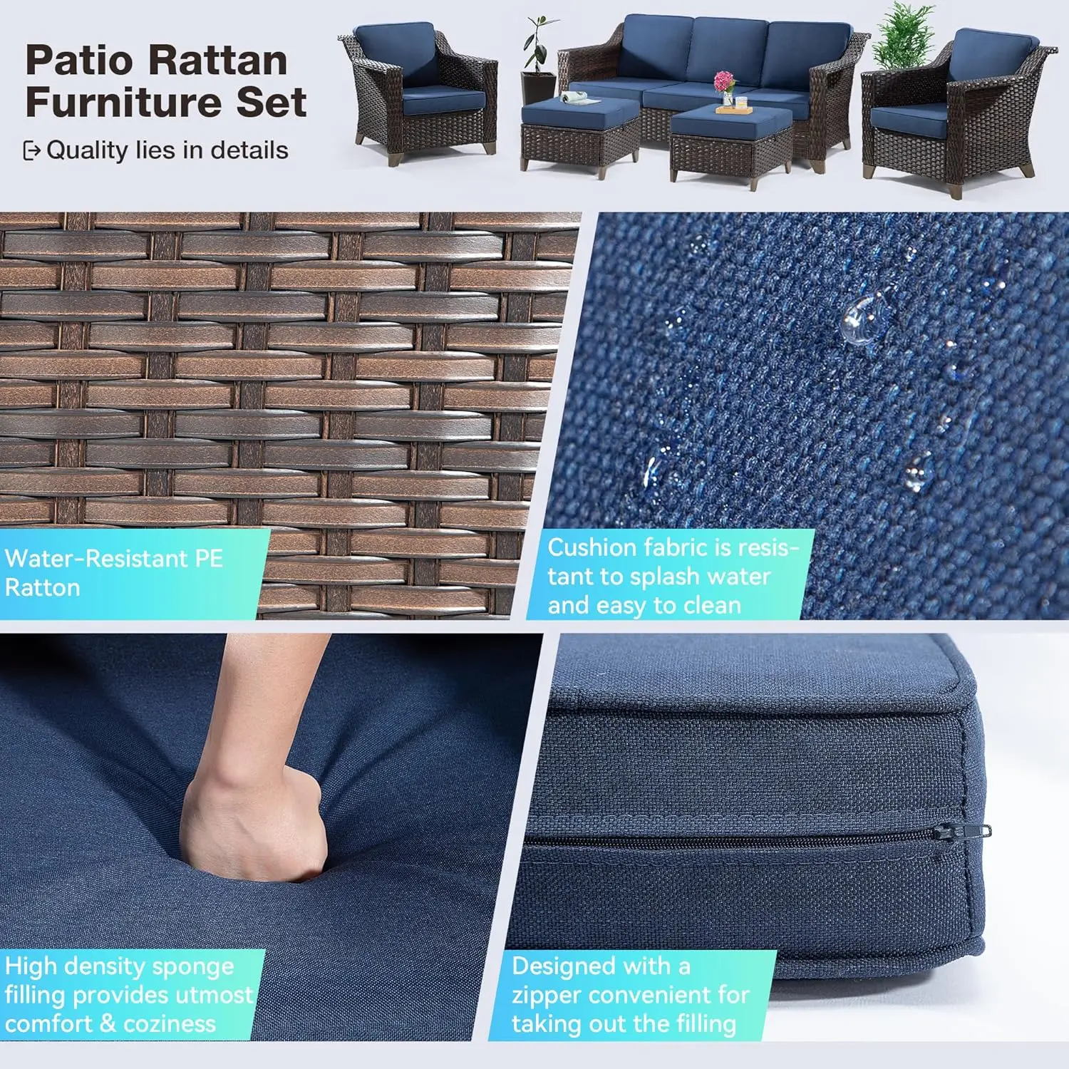 Patio Furniture Set All Weather Outdoor with High Back Wicker Rattan Sofa Couch, Two Armchairs and Two Ottomans