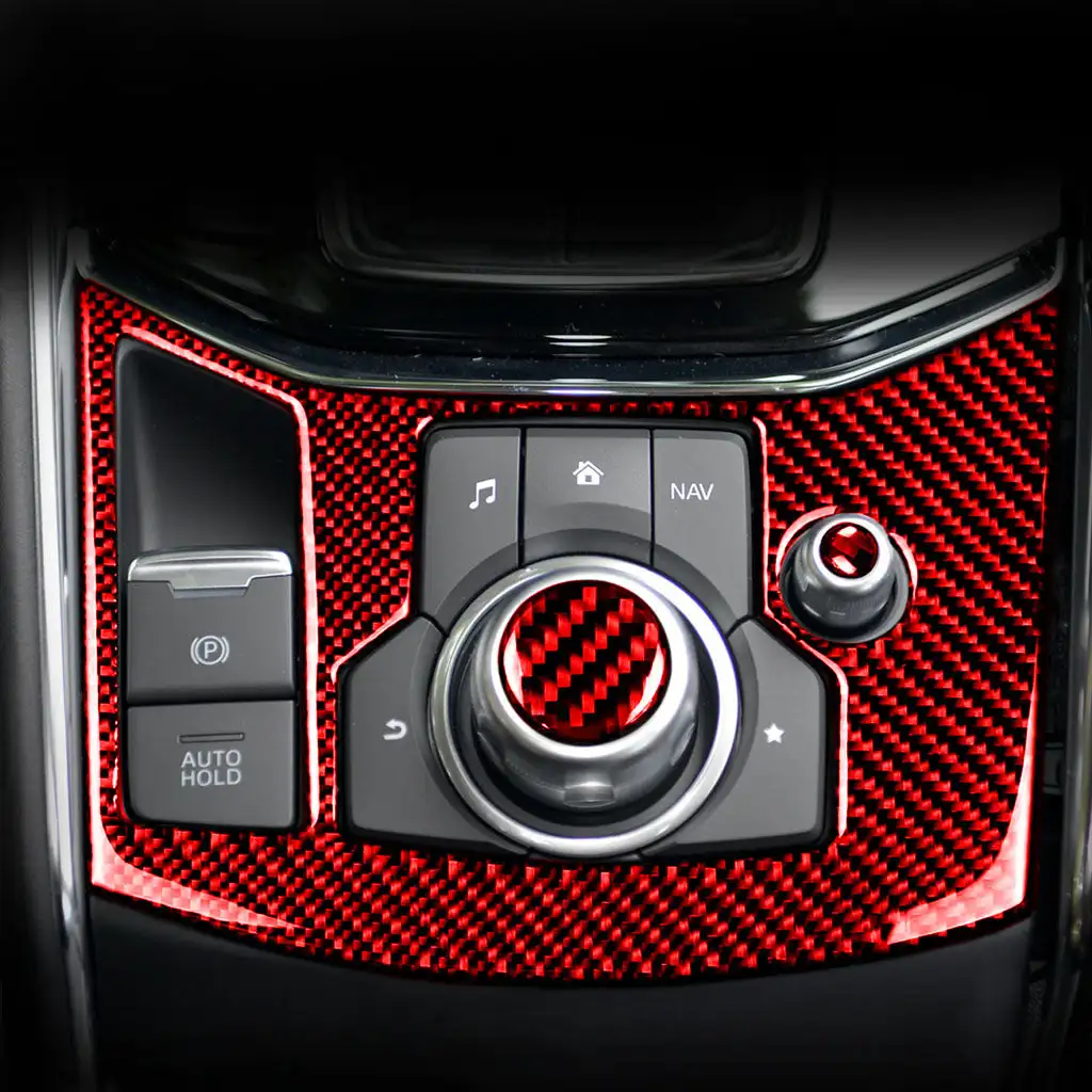 Car Carbon Fiber Multimedia Buttons Cover Trim Sticker Center Console For Mazda 3 Mazda 6 CX-9 CX-5 Interior Red Black