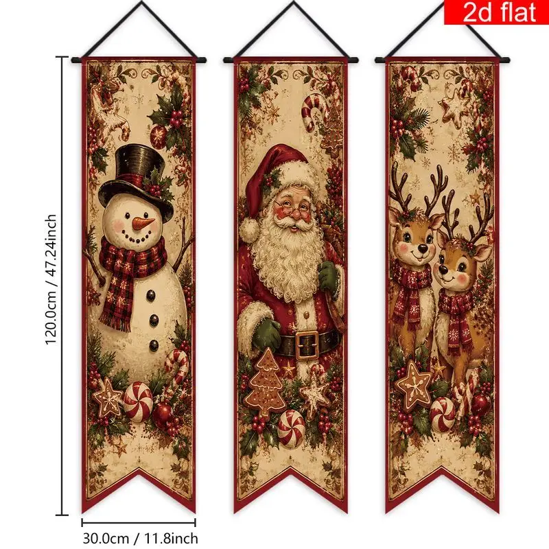 VIKAMA Christmas Vertical Hanging Banners Set of 3 Snowman Santa Reindeer Wall Decor for Porch Holiday Party Backdrop