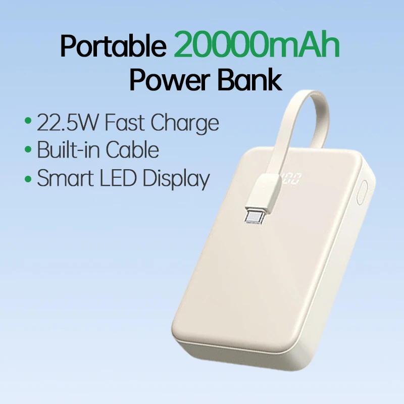 

Новый внешний аккумулятор 2026 года на 20000 мАч со встроенным кабелем Type-C и LED-дисплеем, быстрая зарядка, сертификация 3C, портативное зарядное устройство для iPhone и Android