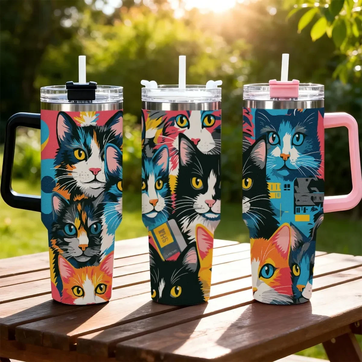 1pc 40oz Stainless Steel Insulated Cat Mug with LeakProof Cap and Straw | Perfect for Outdoor Adventures, Keeps Drinks Cold, Reusable, Hand Wash Only, Ideal for Various Holidays