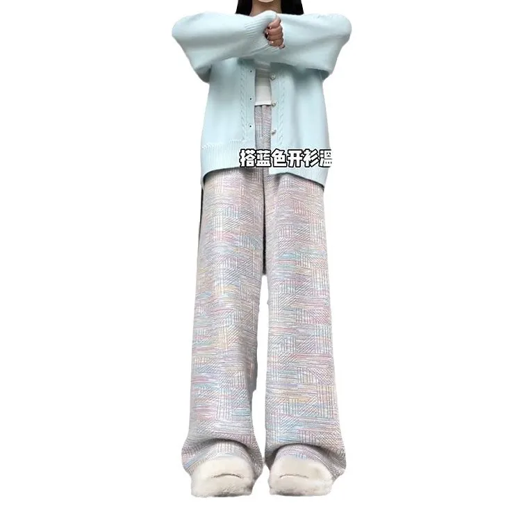 بنطال ذو قصة أرجل واسعة أداء المرأة الخريف فحص مطوي سيدة أنيقة محبوك تنقش عمودي العطاء مكتب مريح عصري