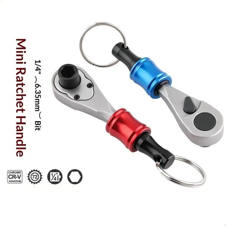 1/4 Inch Mini Ratchet Screwdriver Handle Portable Keychain Hex Bit Tool For Narrow Space Auto Bike Repair Daily DIY Maintenance