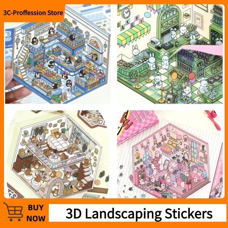 Cartoon Miniature Scene 3D Landscaping Stickers DIY Cabin Scene Stacking And Pasting Hand Account Cute Gift For Stress Relief