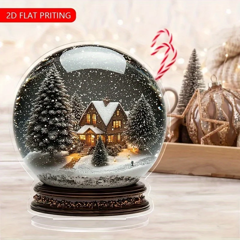 1PCS Acrylic Snowball Christmas Decor 2D Print Winter Wonderland Scene Snowy Trees Cozy Cabin Home Office Decor Anniversary Gift