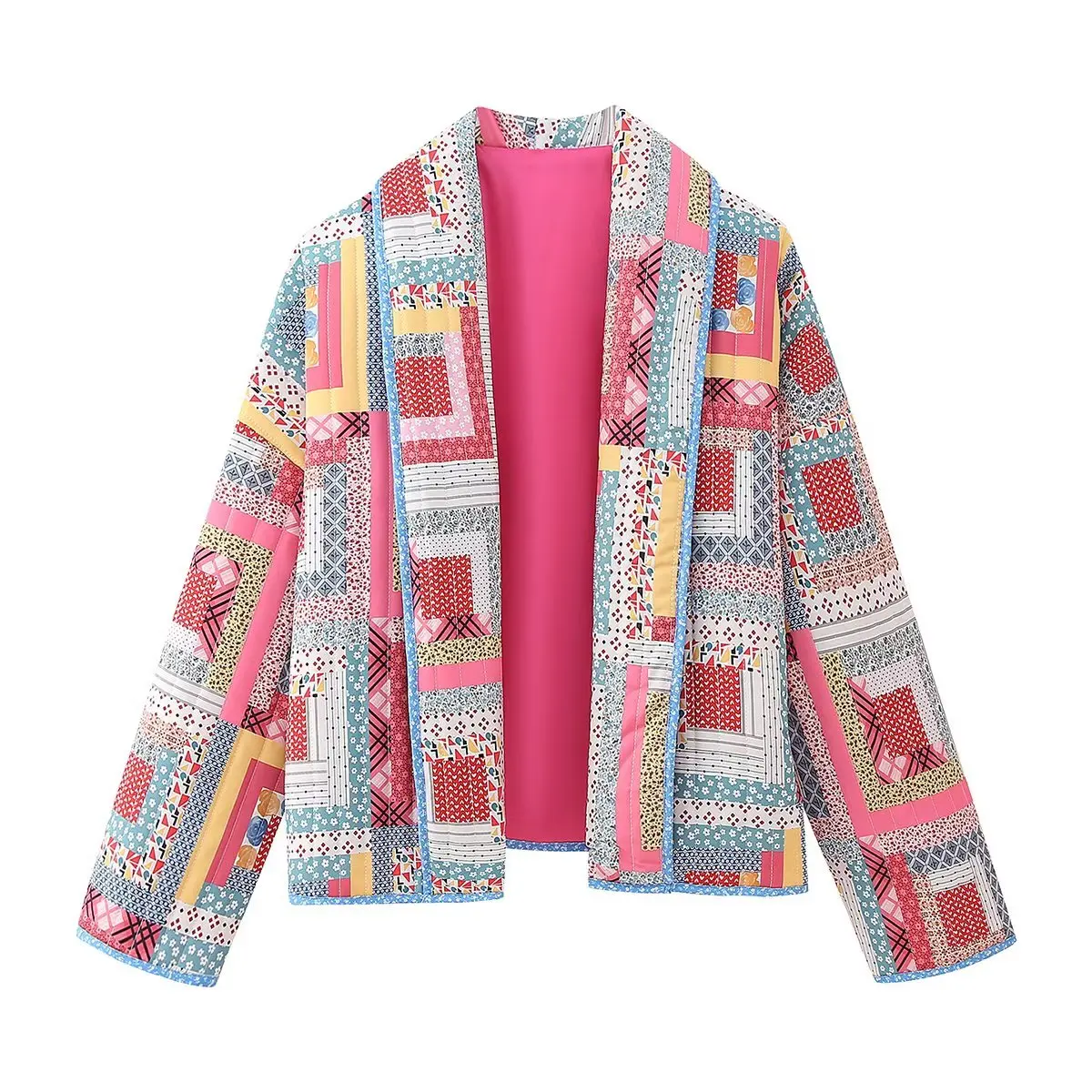 2023 Autumn Winter Pink Geometric Flower Print Lapel Quilted Coat Ethnic Women Quilting Full Sleeve Oversized Jacket Outerwear