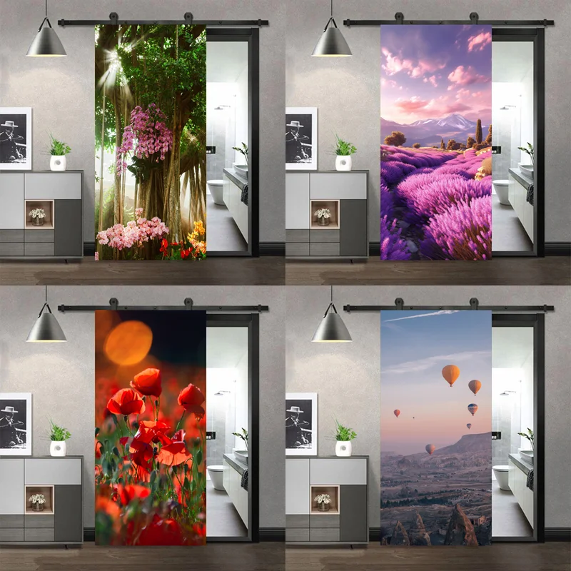 Door Sticker 3D Landscape Floral Mural Self-adhesive Door Wrap Decal for Home Decor Lavender/Forest/Flower/Balloon Pattern