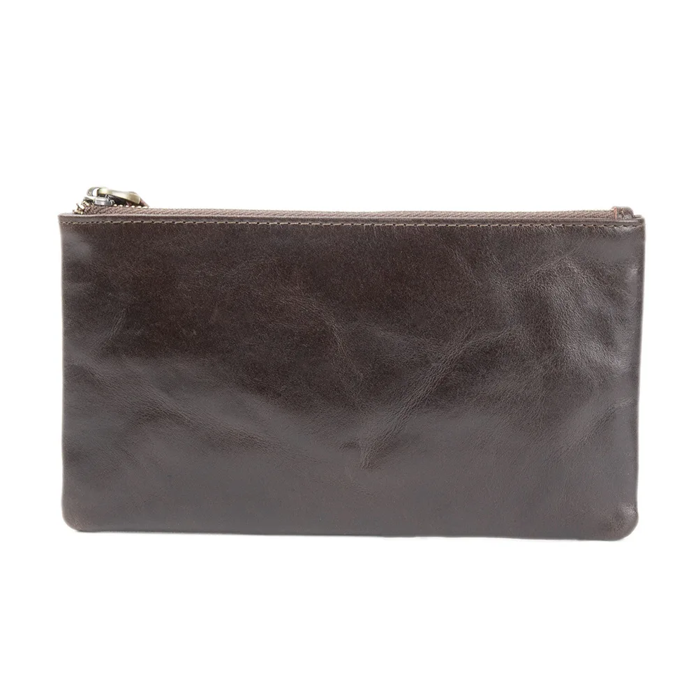 Unisex genuine leather long zipper wallet clutch, thin top layer cowhide oil wax leather retro wallet