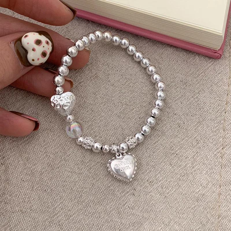 BFCLUB S925 Sterling Silver Bracelets for Women Retro Cute Heart Accessories Trend Vintage Simple Pendant Party Jelwery view 3
