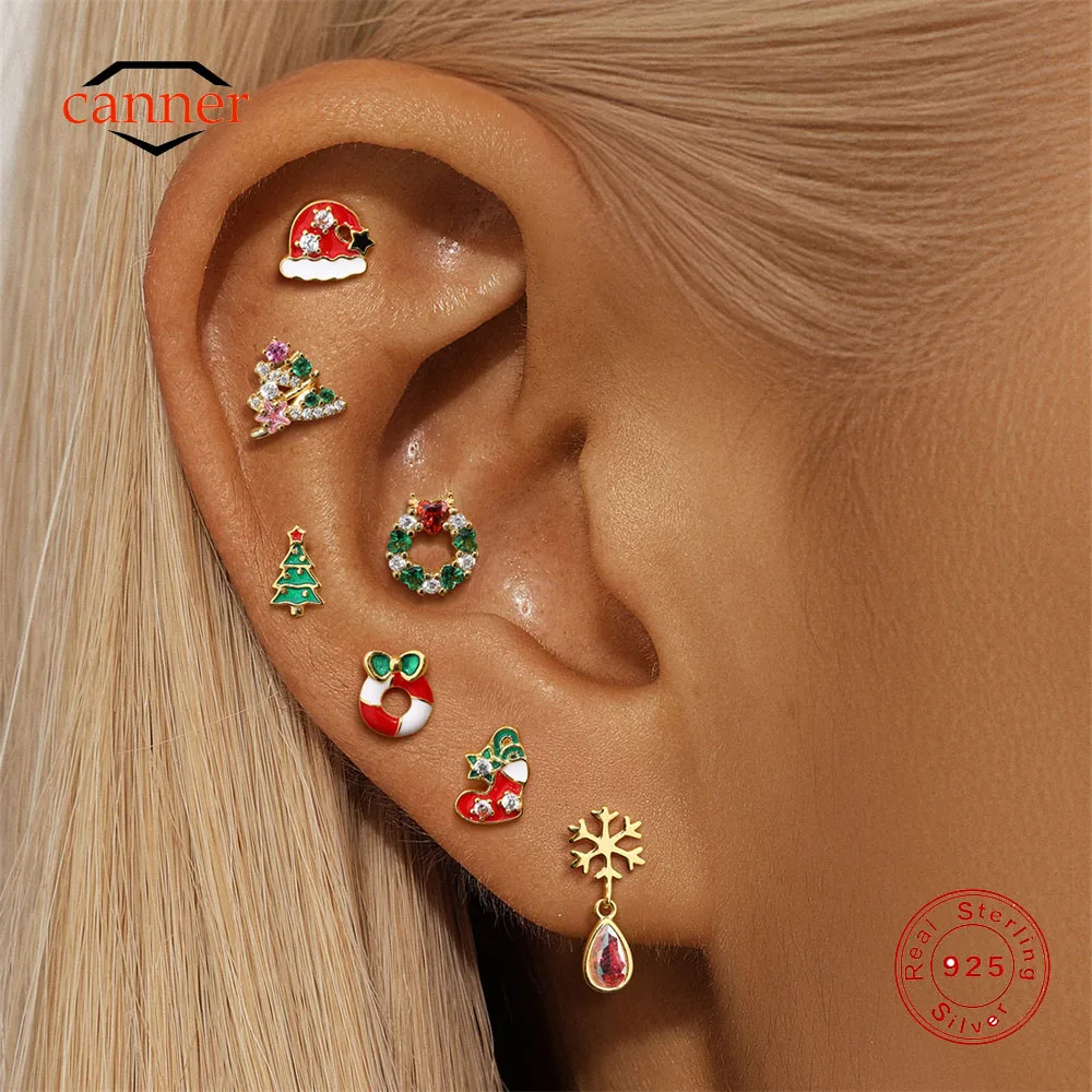 

CANNER Snowflake Bell Hat Christmas Tree Dripping Oil Cartilage Spiral Puncture Earring For Women 925 Sterling Silver Party Gift