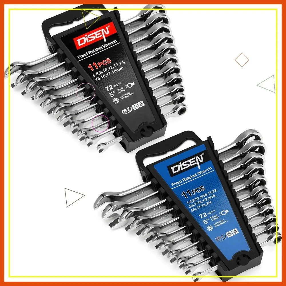 

22-Piece Ratcheting Wrench Set, SAE & Metric Sizes 1/4"-3/4" & 6-18mm, Chrome Vanadium Steel, 12-Point 72-Tooth Design