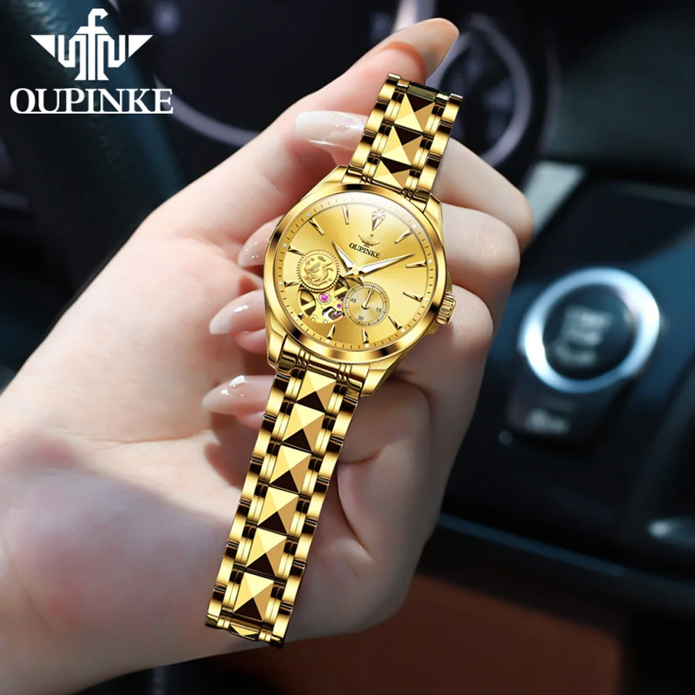 OUPINKE 3260 ساعة ميكانيكية نسائية فاخرة جميع الذهب التنغستن الصلب المستوردة حركة ساعة أوتوماتيكية ساعة نسائية عاشق هدية
