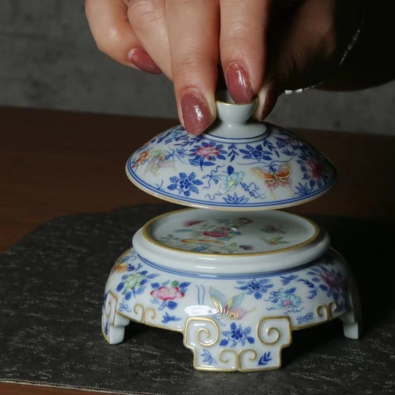 Enamel color butterfly love flower series, cover bowl blue and white tea can gold-painted cover, smell cup