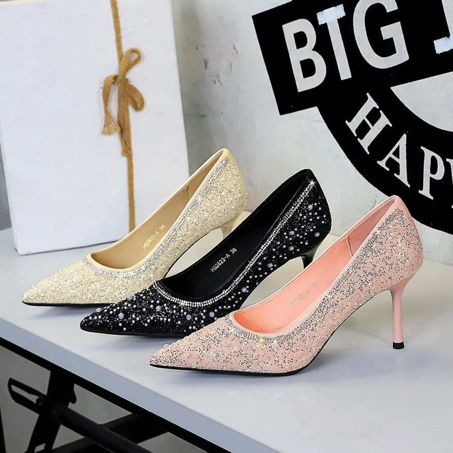 BIGTREE أحذية مزاجه عالية الكعب النساء أحذية الترتر الديكور النساء مضخات خنجر 8 سنتيمتر الكعوب مثير أحذية الحفلات مضخات فاخرة #4