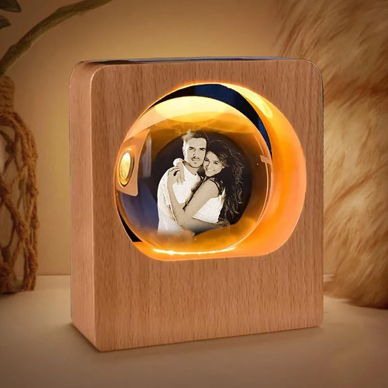 Custom Crystal Photo Night Light Personalized Glass Photo Ball with Customized Picture Engraving LED Light Wood Base Custom Gift