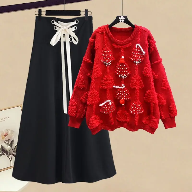 Winter New Embroidery Style Thickened Knitted Sweater Pullover Lace Up Pleated Half Skirt Two Piece Elegant Women\'s Party Dress