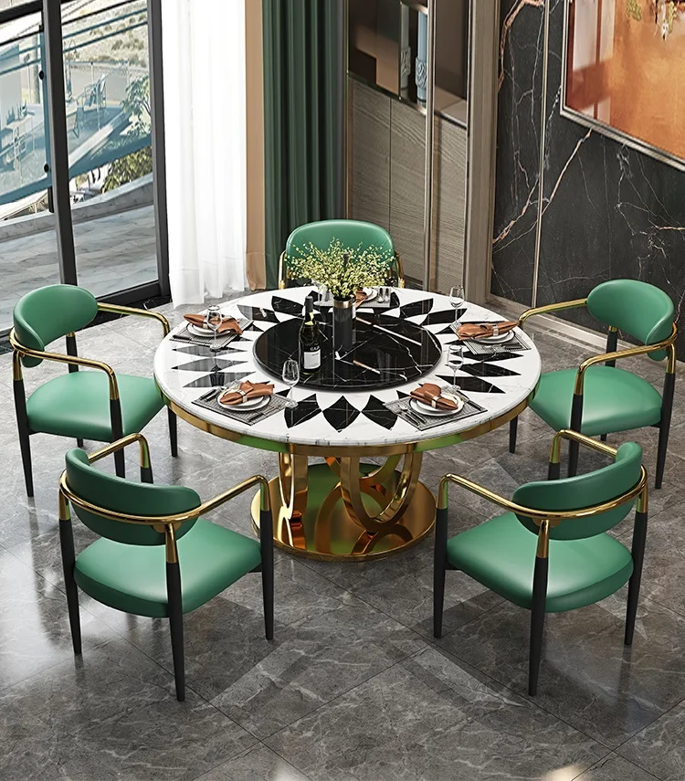 

Italian light luxury round marble dining table chair stainless steel rotary table mosaic dining table household light luxury fur