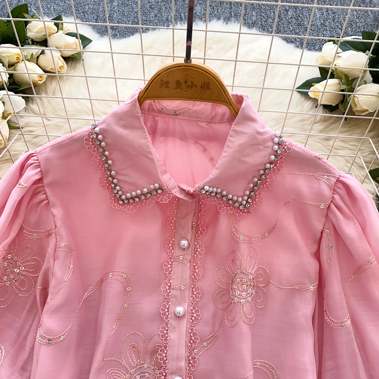 Camicetta vintage elegante con maniche a lanterna e paillettes con strass Camicia con scollo a polo alla moda Casual Chic Top Fairy Summer Women