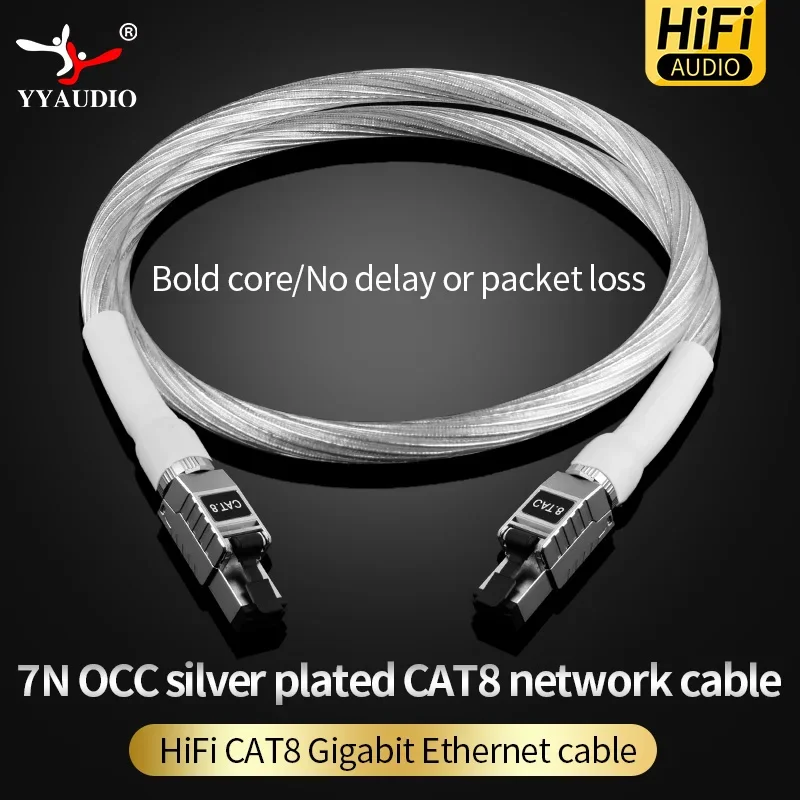 

YYAUDIO CAT8 Silver Plated HiFi Audio Ethernet Cable High Speed 40Gbps 2000MHz Shielded Network Patch Cord for Laptop TV Router