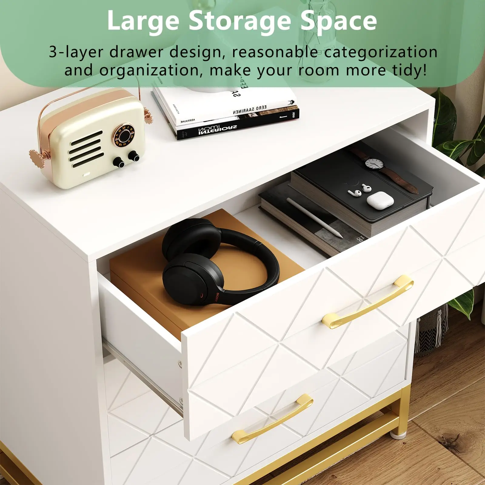 Dresser for Bedroom with 3 Drawe Modern Dressers Chest of Drawers with Wide Drawers Metal Handles Wood Dressers for Living Room